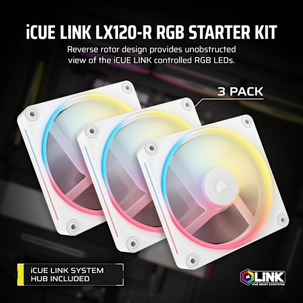 iCUE LINK LX120-R RGB 120mm PWM Reverse Fans Starter Kit - White (Revival Series)