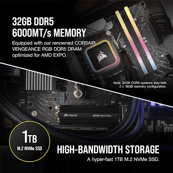 VENGEANCE a7400 Gaming PC: AMD Ryzen 5 9600X, GeForce RTX 4060 Ti, 32GB DDR5, 1TB M.2 SSD, Win11 Home (Certified Refurbished)