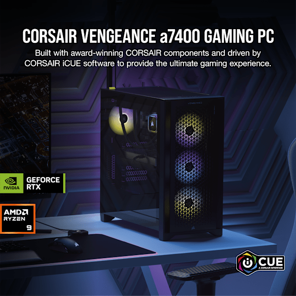 VENGEANCE a7400 Gaming PC: AMD Ryzen 9 9900X, GeForce RTX 4090, 64GB DDR5, 2TB M.2 SSD, Win11 Pro (Certified Refurbished)