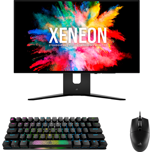 Corsair Xeneon 27QHD240 OLED 27-Inch Gaming Monitor, K70 PRO MINI WIRELESS Red Switch Keyboard, and KATAR PRO XT Mouse