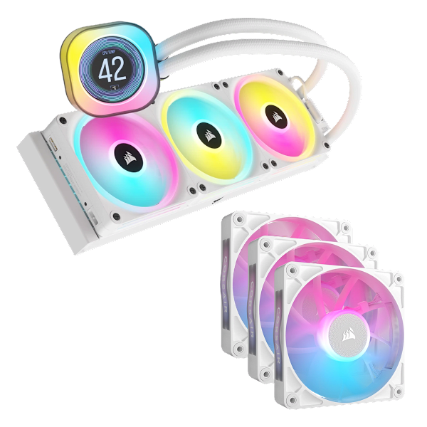 iCUE LINK H150i LCD Cooler - White and RX120 RGB Triple Start Kit Bundle