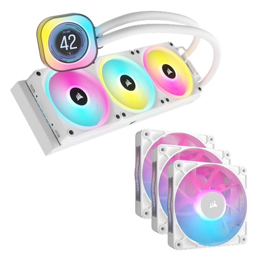 iCUE LINK H150i LCD Cooler - White and RX120 RGB Triple Start Kit Bundle