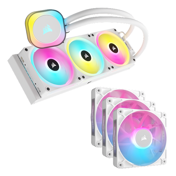 iCUE LINK H150i RGB Cooler - White and RX120 RGB Triple Start Kit Bundle
