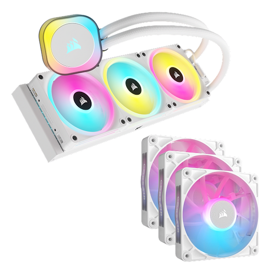 iCUE LINK H150i RGB Cooler - White and RX120 RGB Triple Start Kit Bundle