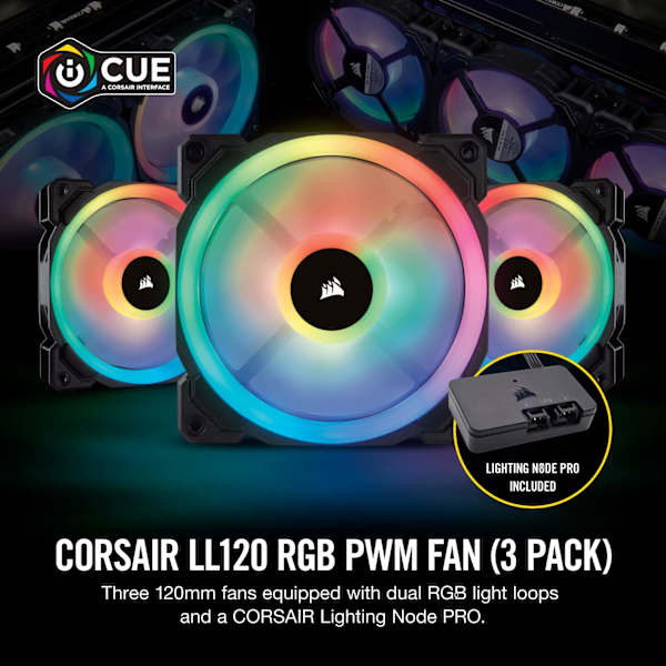 Corsair LL Series, LL120 RGB, 120mm Dual Light Loop RGB LED Fan, 3 Fan Pack with Lighting Node PRO Refurbish
