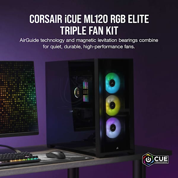 iCUE ML120 RGB ELITE Premium 120mm PWM Magnetic Levitation Fan — Triple Fan Kit with iCUE Lighting Node CORE (Refurbished)
