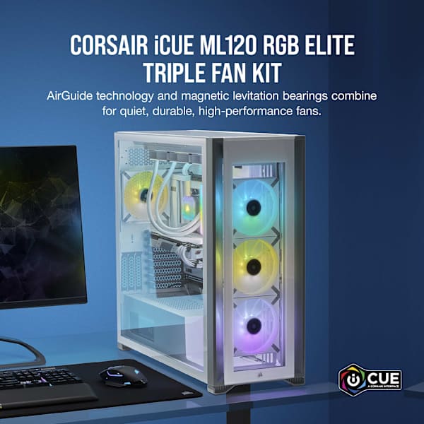 iCUE ML120 RGB ELITE Premium 120mm PWM Magnetic Levitation Fan — White Triple Fan Kit with iCUE Lighting Node CORE (Refurbished)