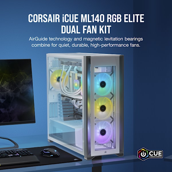iCUE ML140 RGB ELITE Premium 140mm PWM Magnetic Levitation Fan — White Dual Fan Kit with iCUE Lighting Node CORE (Refurbished)