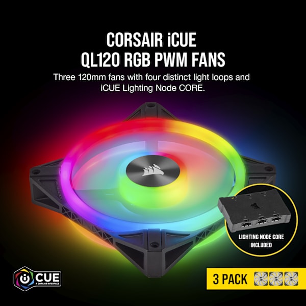 iCUE QL120 RGB 120mm PWM Triple Fan with Lighting Node CORE (Revival Series)