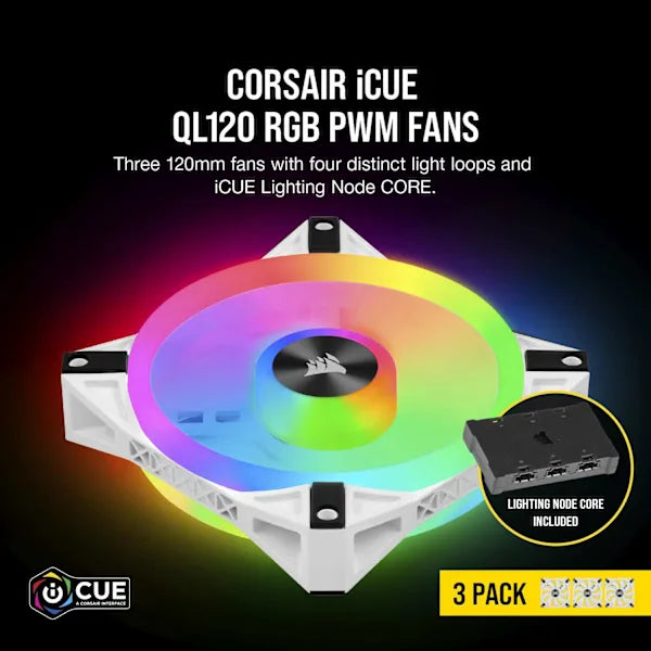 iCUE QL120 RGB 120mm PWM White Fan — Triple Fan Kit with Lighting Node CORE (Revival Series)