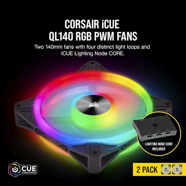 iCUE QL140 RGB 140mm PWM Dual Fan Kit with Lighting Node CORE