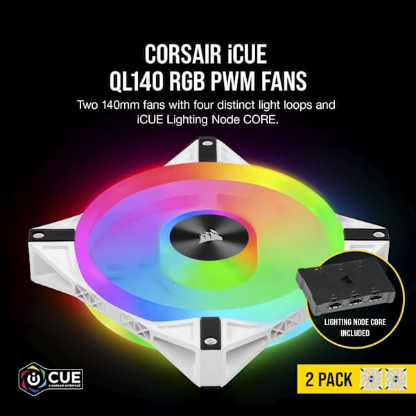 iCUE QL140 RGB 140mm PWM White Fan — Dual Fan Kit with Lighting Node CORE (Revival Series)