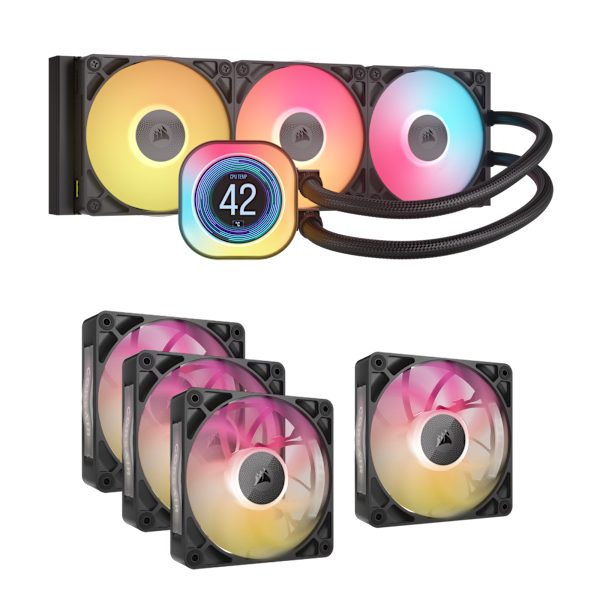 iCUE LINK Titan 360 RGB LCD CPU Cooler and RX120 MAX Quadruple Fan Bundle