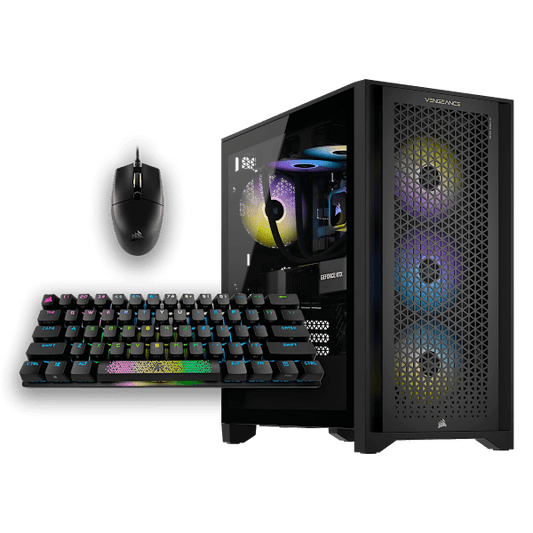 CORSAIR VENGEANCE i7400 Gaming PC: Intel Core i7-13700K, NVIDIA RTX 4070 Ti, K70 PRO MINI WIRELESS Red Switch Keyboard, and KATAR PRO XT Mouse