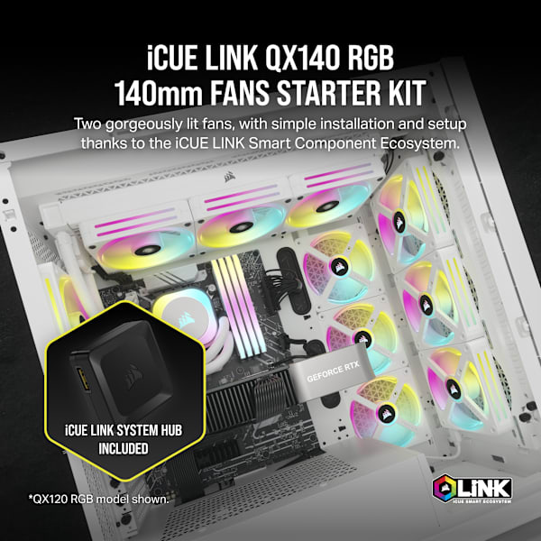 iCUE LINK QX140 RGB 140mm PWM PC Fans Starter Kit with iCUE LINK System Hub - White (Refurbished)